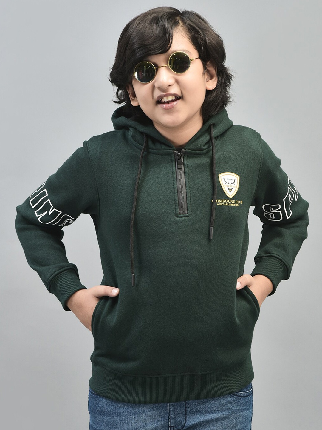 

Crimsoune Club Boys Typography Printed Hood Pullover Sweatshirt, Green