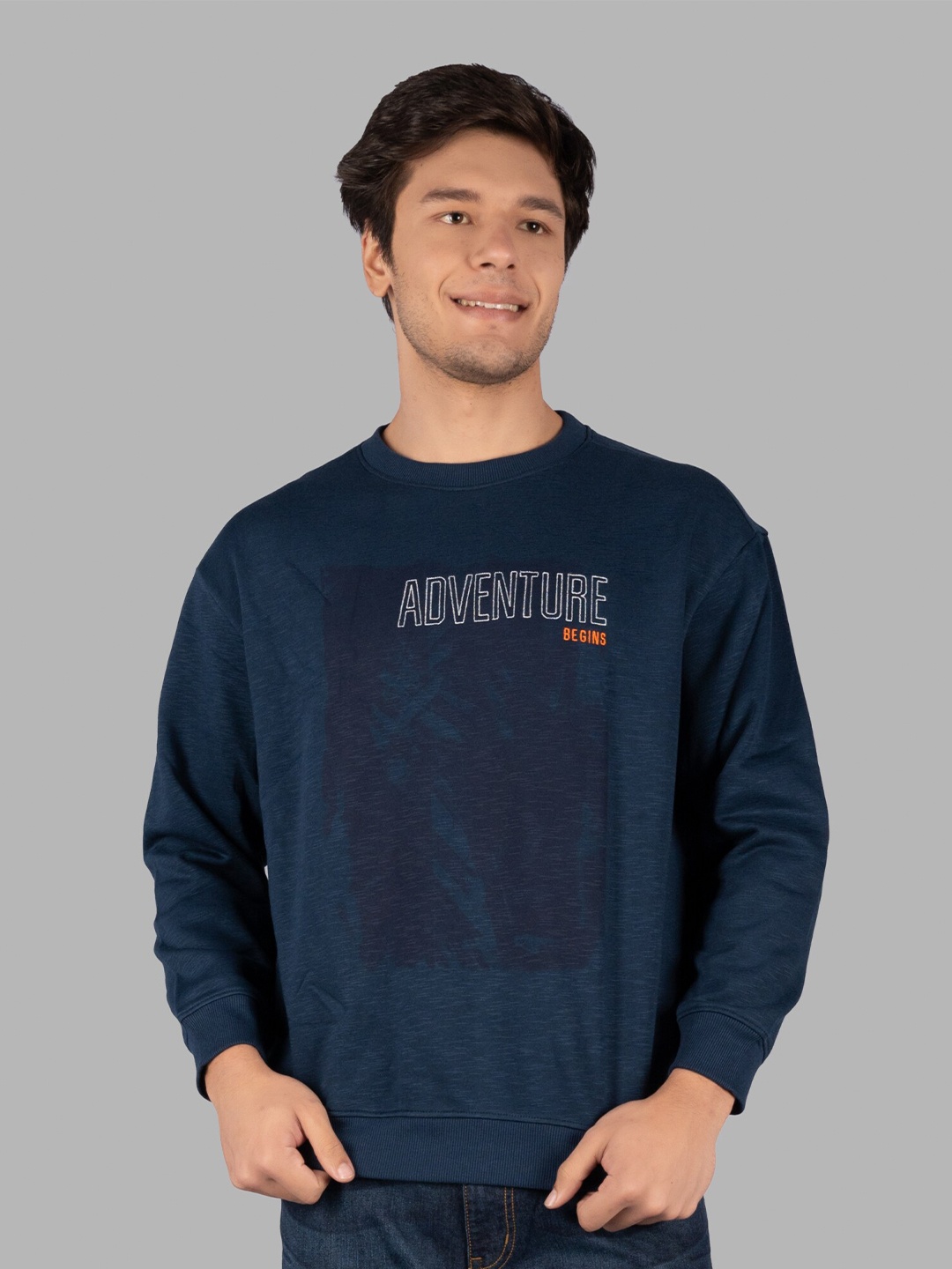 

TIM PARIS Typography Printed Long sleeves Cotton Pullover, Blue