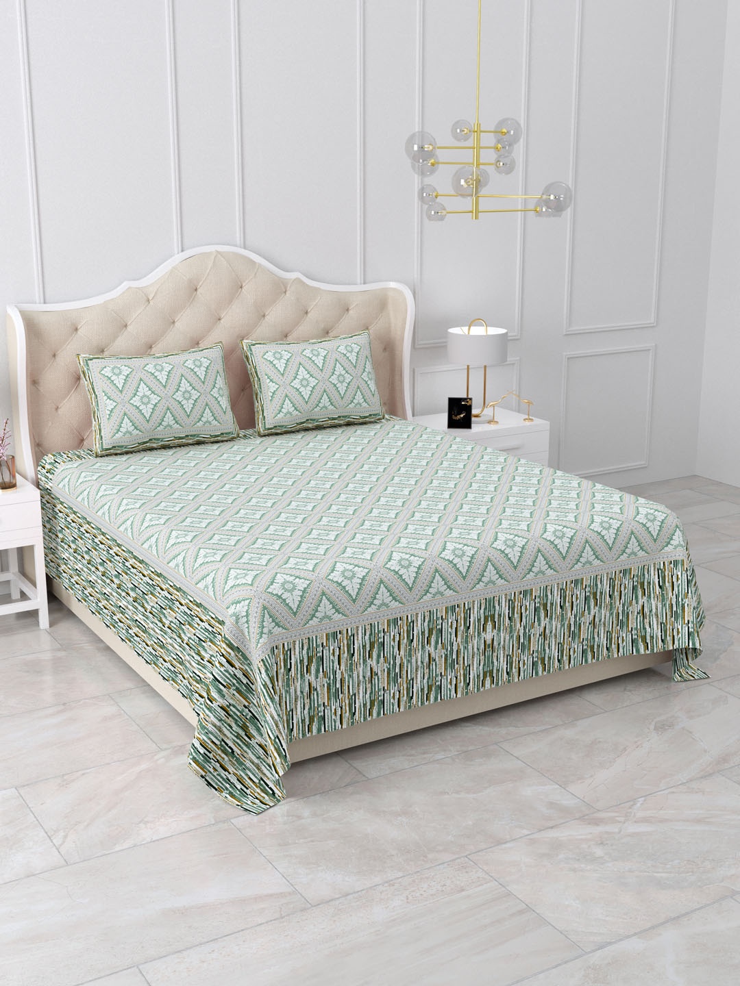 

DOLLIFI Green Abstract Cotton 260 TC King Bedsheet With 2 Pillow Zipper Covers