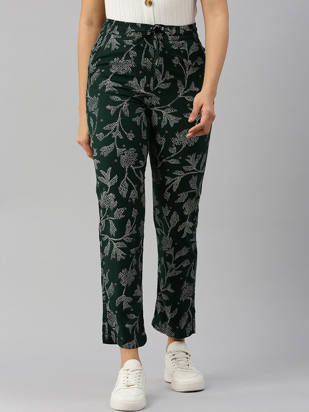 

De Moza Women Floral Printed Original Straight Fit Regular Trousers, Green