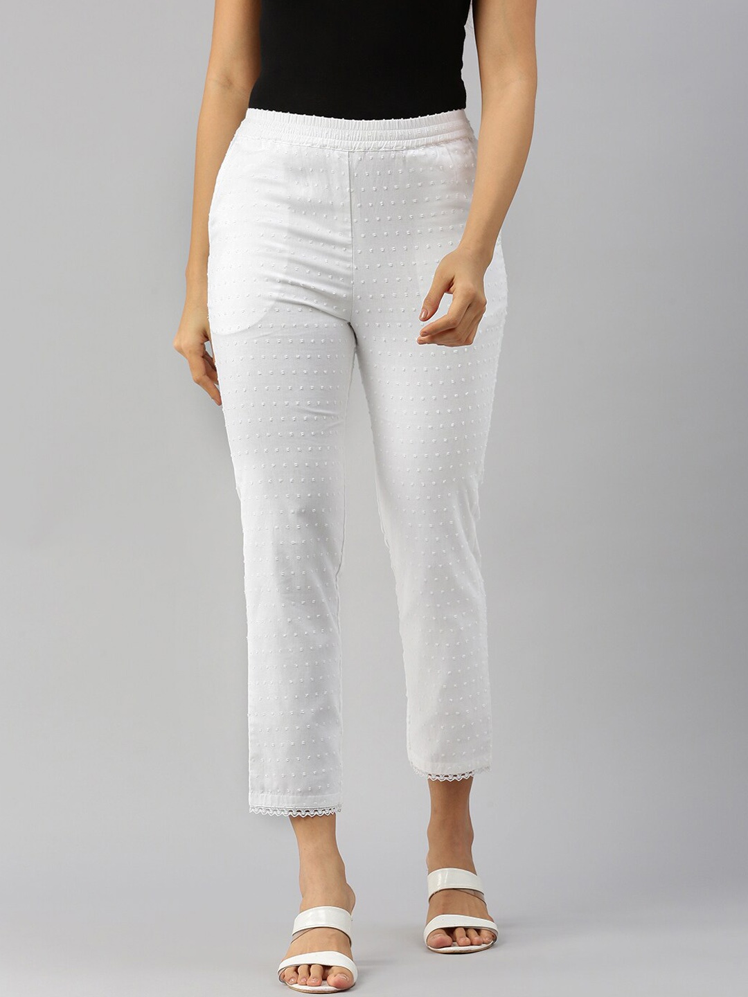 

De Moza Women Self Design Original Fit Cotton Cigarette Trousers, White