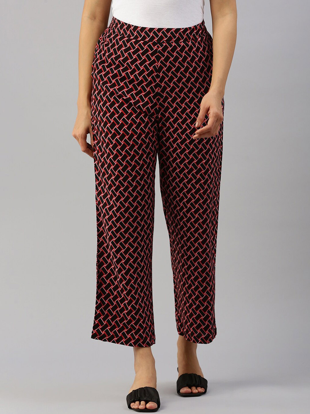 

De Moza Women Geometric Printed Original Straight Fit Regular Trousers, Black