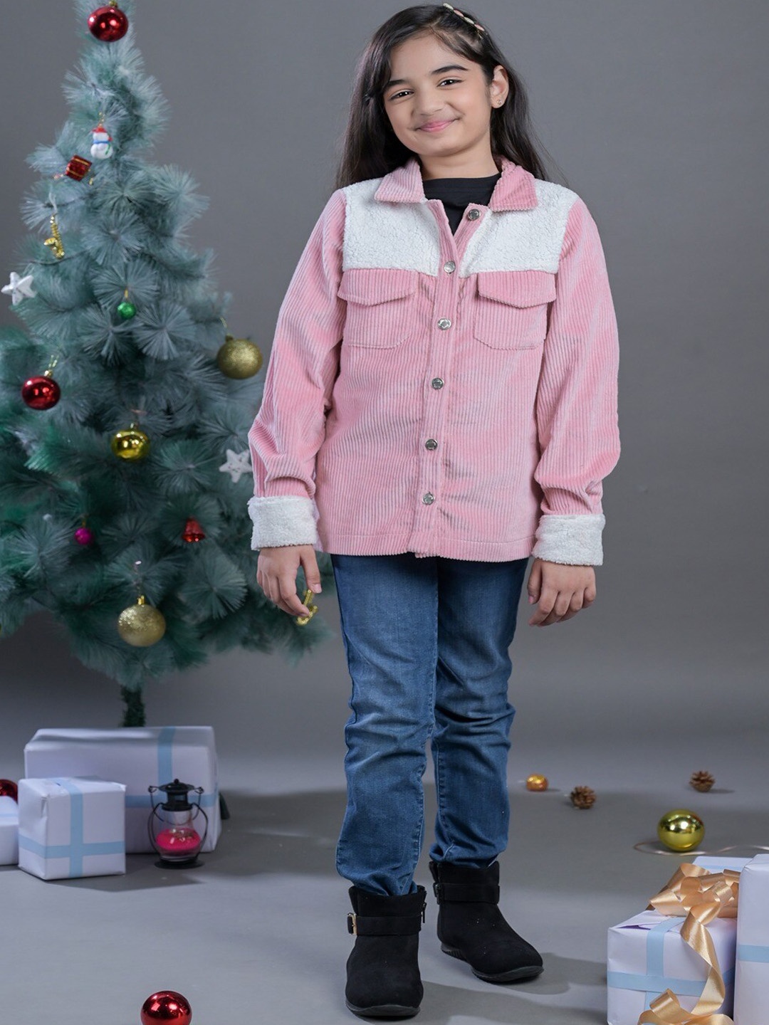 

Budding Bees Girls Colourblocked Corduroy Lightweight Open Front Jacket, Pink