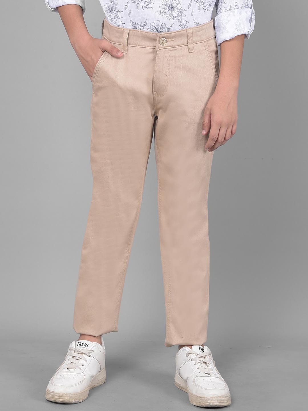 

Crimsoune Club Boys Slim Fit Mid Rise Trousers, Beige
