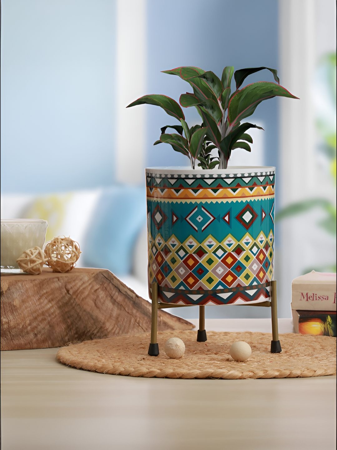 

Homspurts Green & Yellow Printed Metal Planter & Stand
