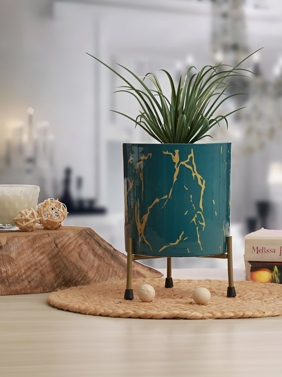 

Homspurts Cylindrical Planter Green & Gold Toned Printed Metal Planter With Stand