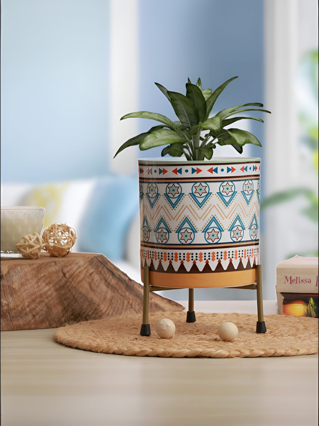 

Homspurts Cylindrical White & Beige Printed Planter With Stand