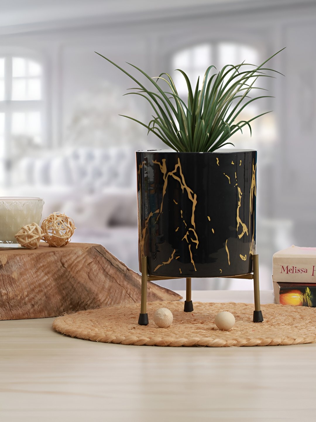 

Homspurts Black & Gold Toned Printed Metal Planter With Stand