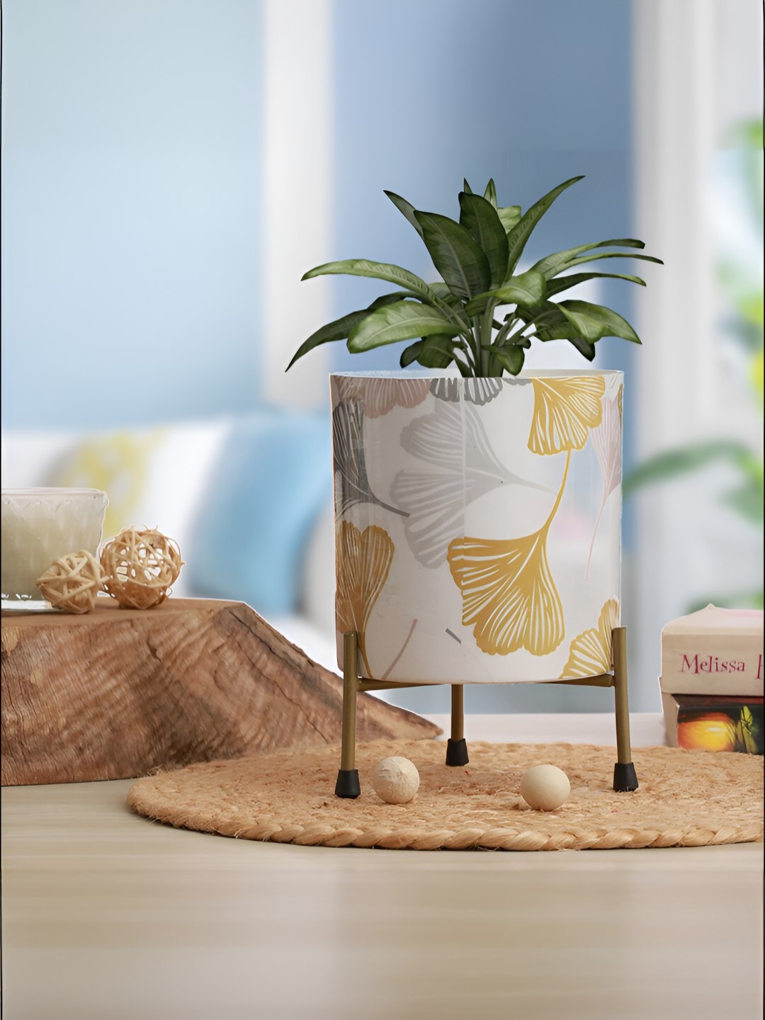 

Homspurts White & Gold Toned Printed Metal Planter With Stand