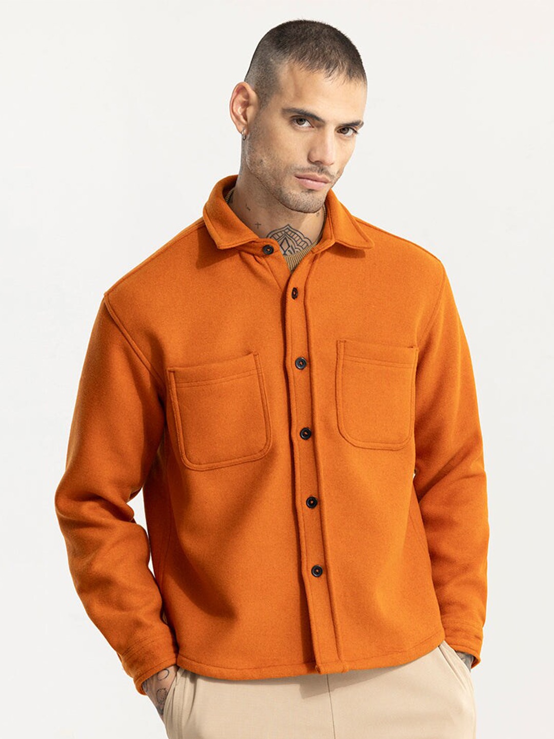 

Snitch Orange Classic Fit Spread Collar Casual Shacket