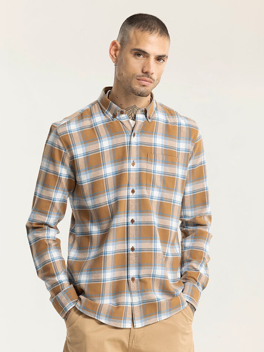 

Snitch Brown Classic Slim Fit Tartan Checked Casual Shirt