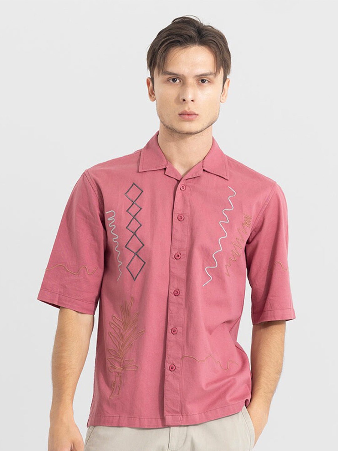 

Snitch Pink Classic Boxy Geometric Embroidered Pure Cotton Casual Shirt