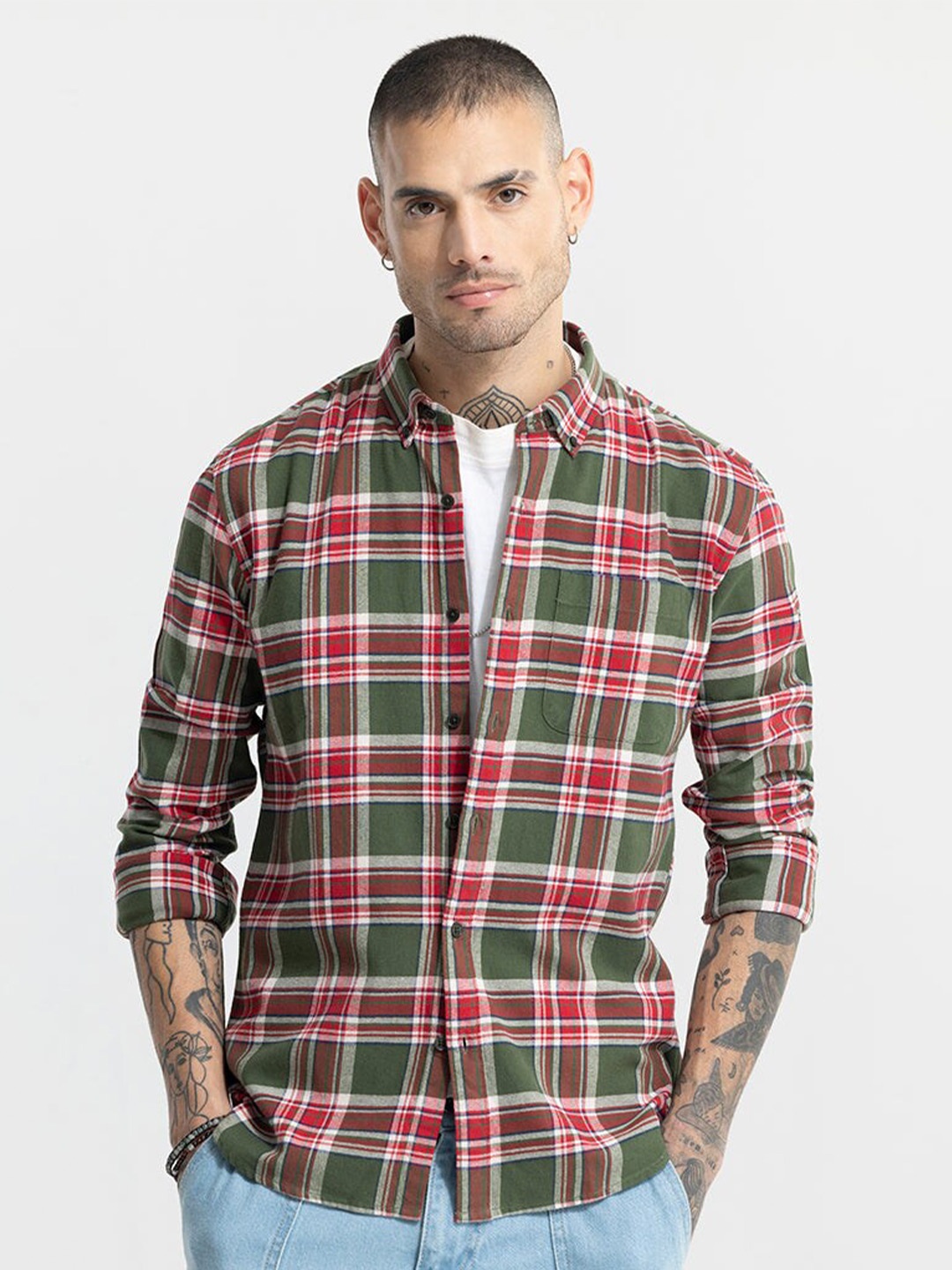 

Snitch Green & Red Tartan Checked Cotton Classic Slim Fit Casual Shirt