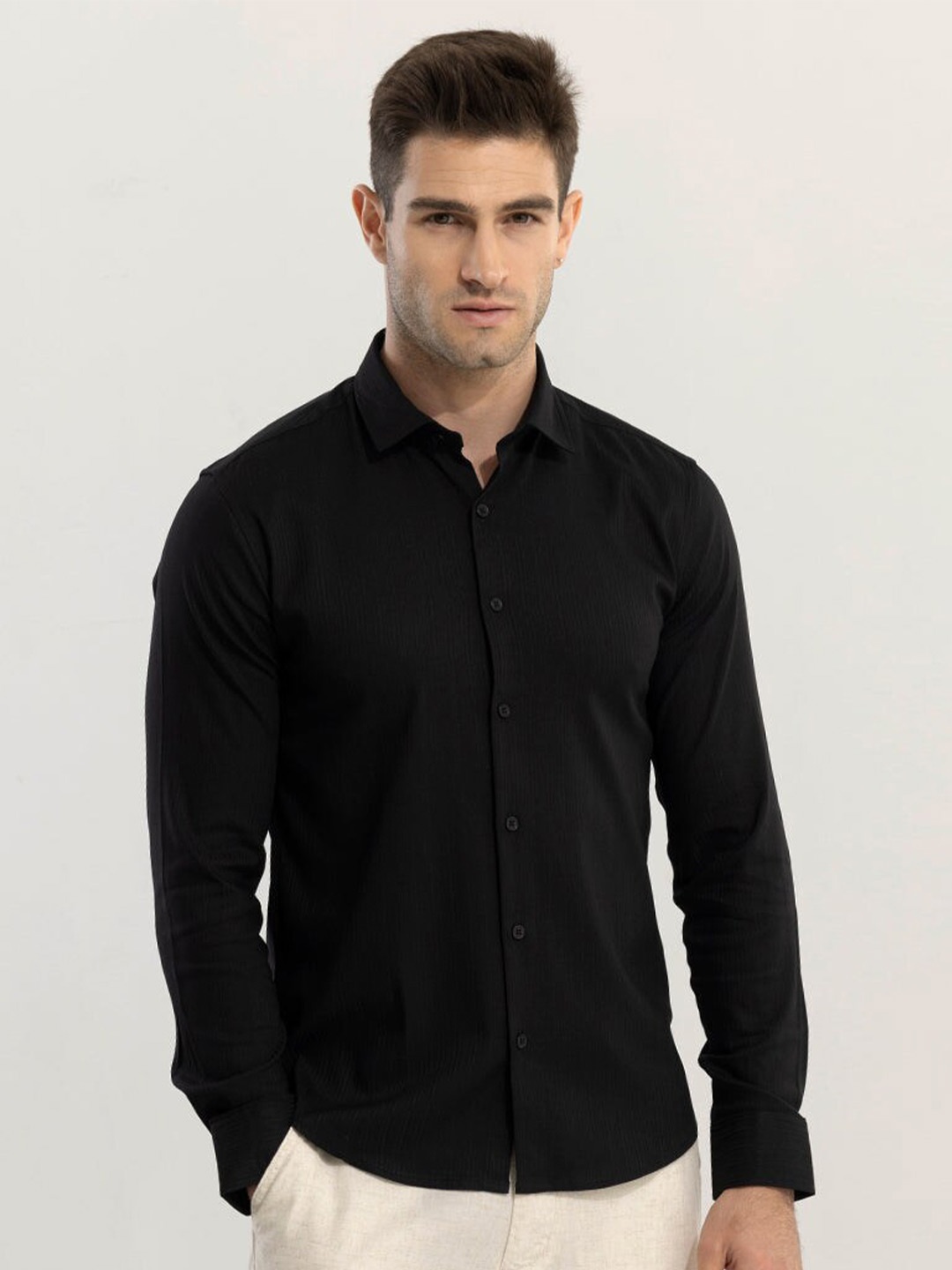 

Snitch Black Textured Classic Slim Fit Casual Shirt