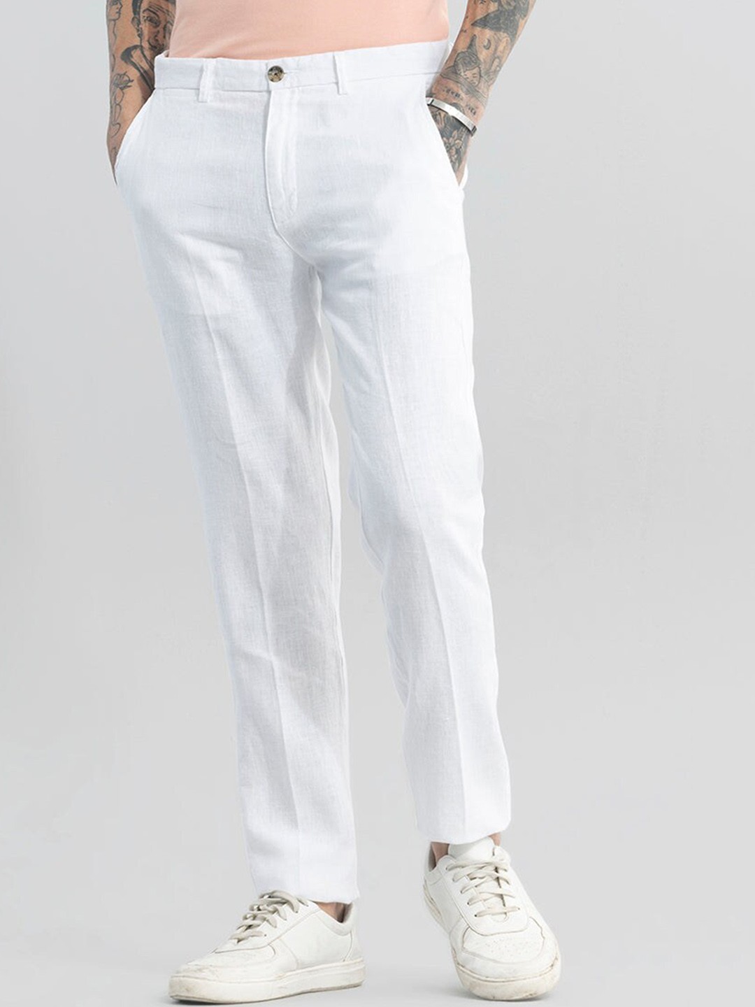 

Snitch Men White Smart Straight Fit Mid Rise Pure Cotton Trousers