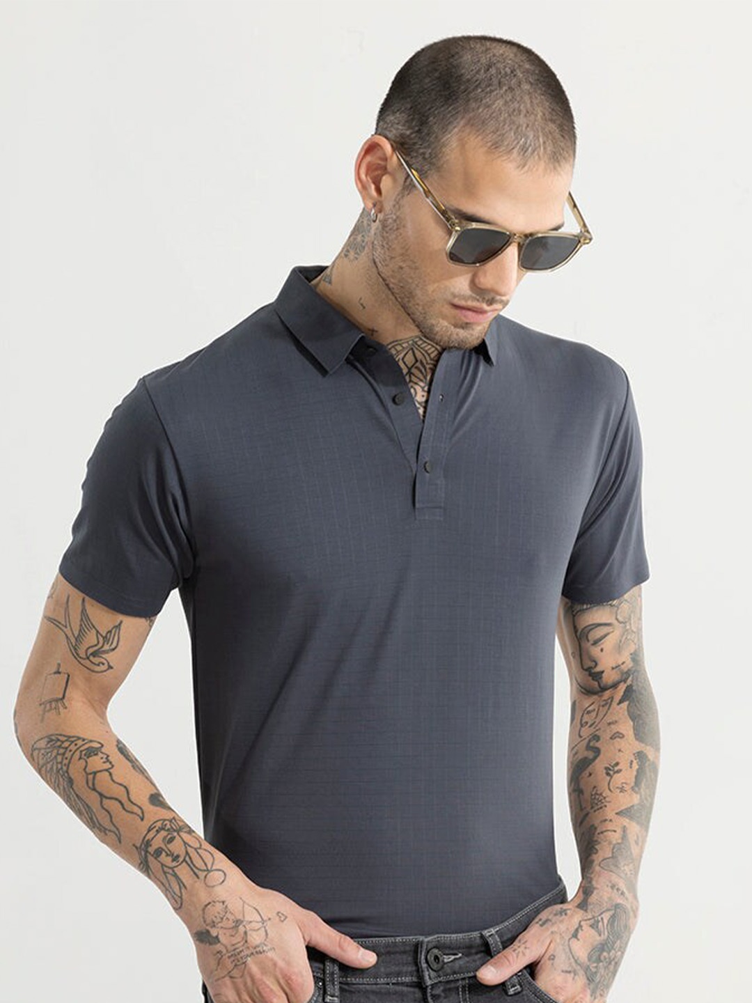 

Snitch Grey Polo Collar Slim Fit T-shirt