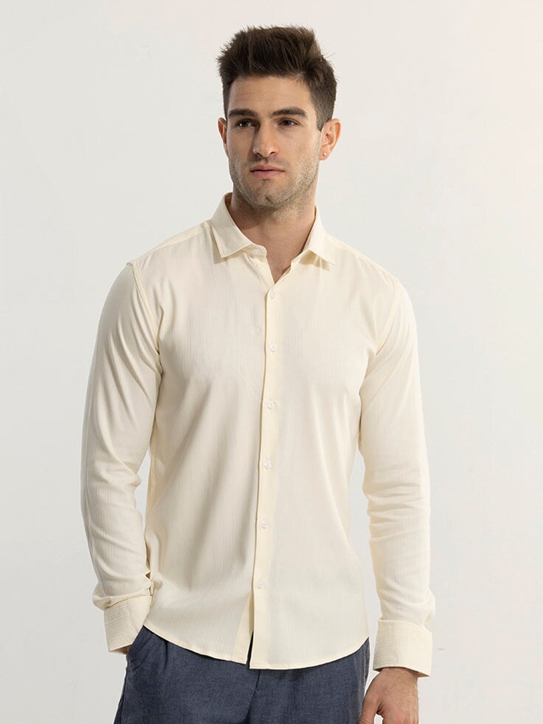 

Snitch Classic Spread Collar Slim Fit Casual Shirt, Cream