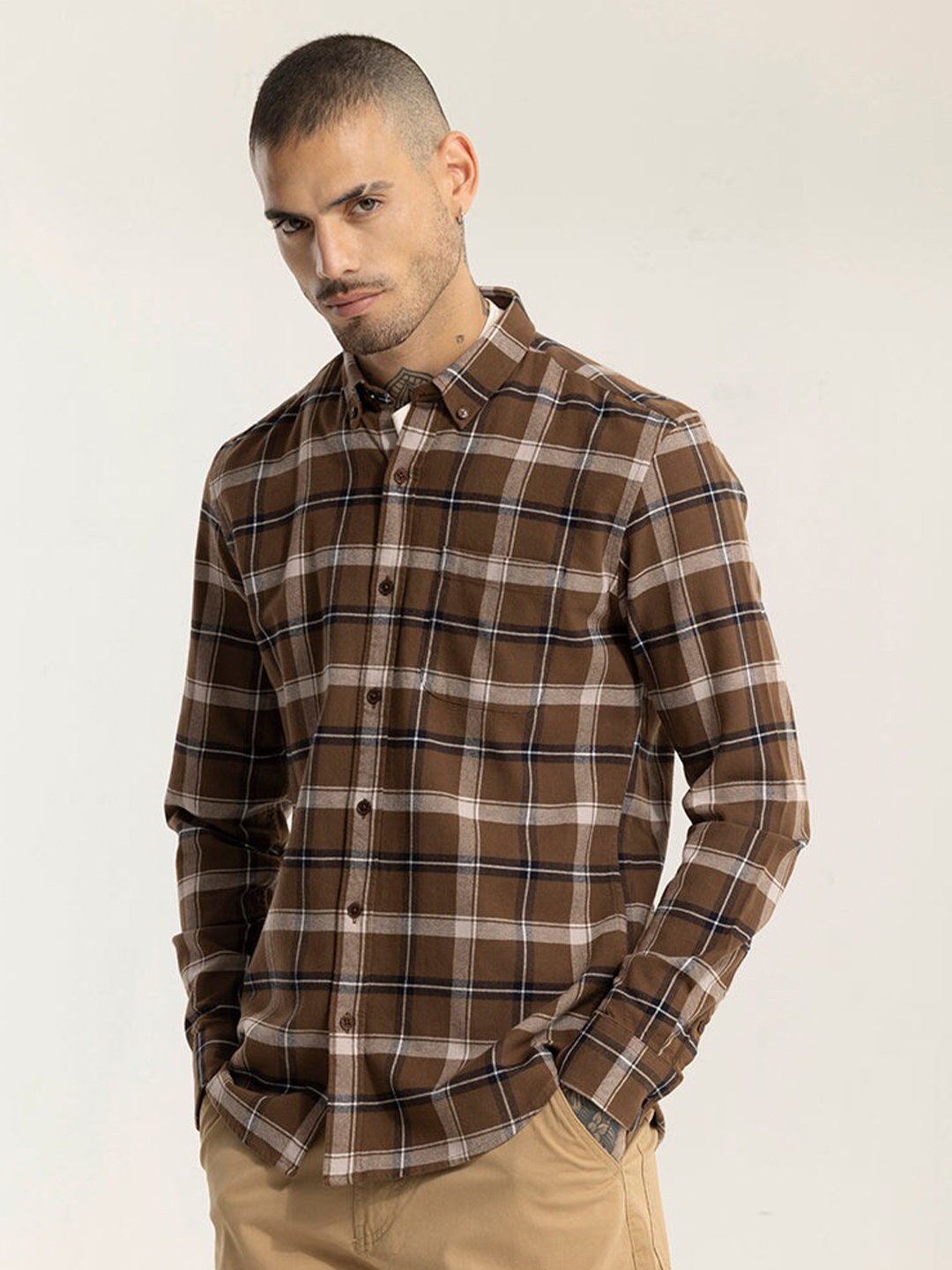 

Snitch Brown & Beige Tartan Checked Cotton Classic Slim Fit Casual Shirt