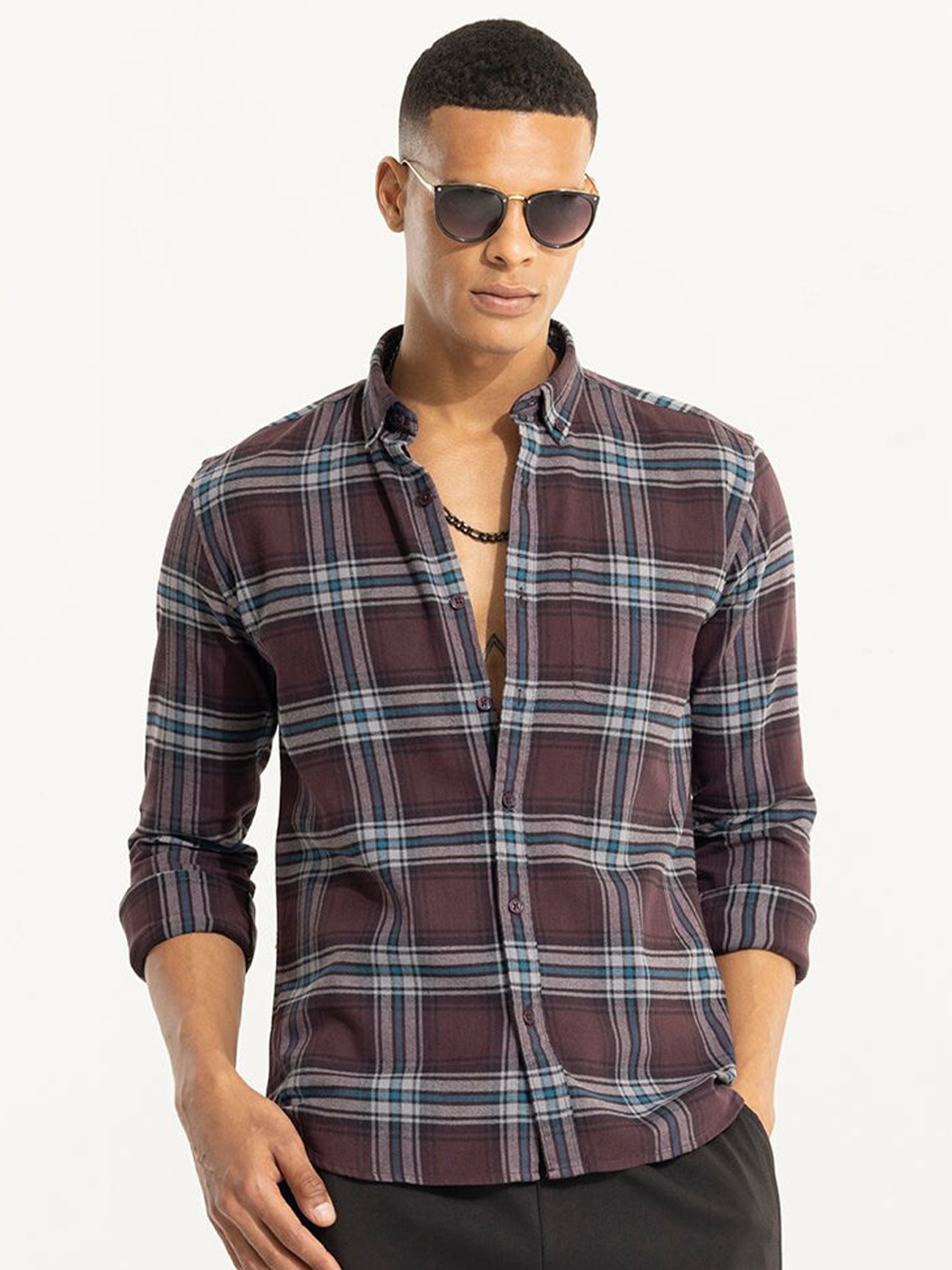 

Snitch Classic Tartan Checked Pure Cotton Shirt, Purple