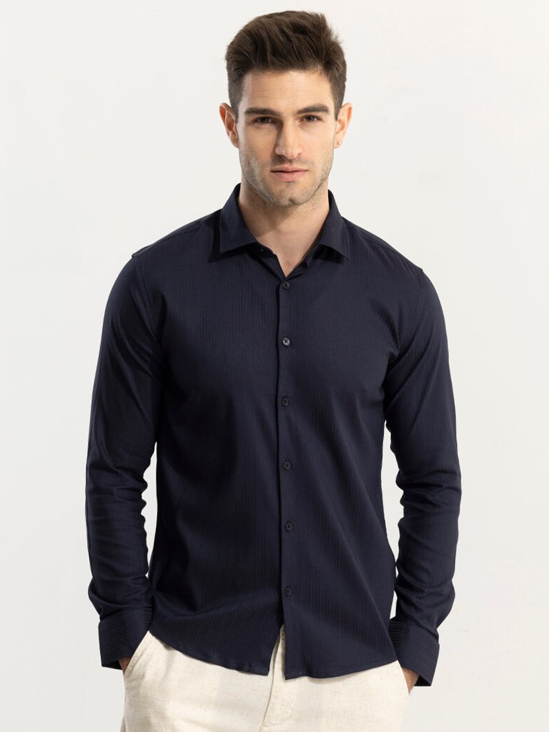 

Snitch Navy Blue Classic Slim Fit Long Sleeves Casual Shirt