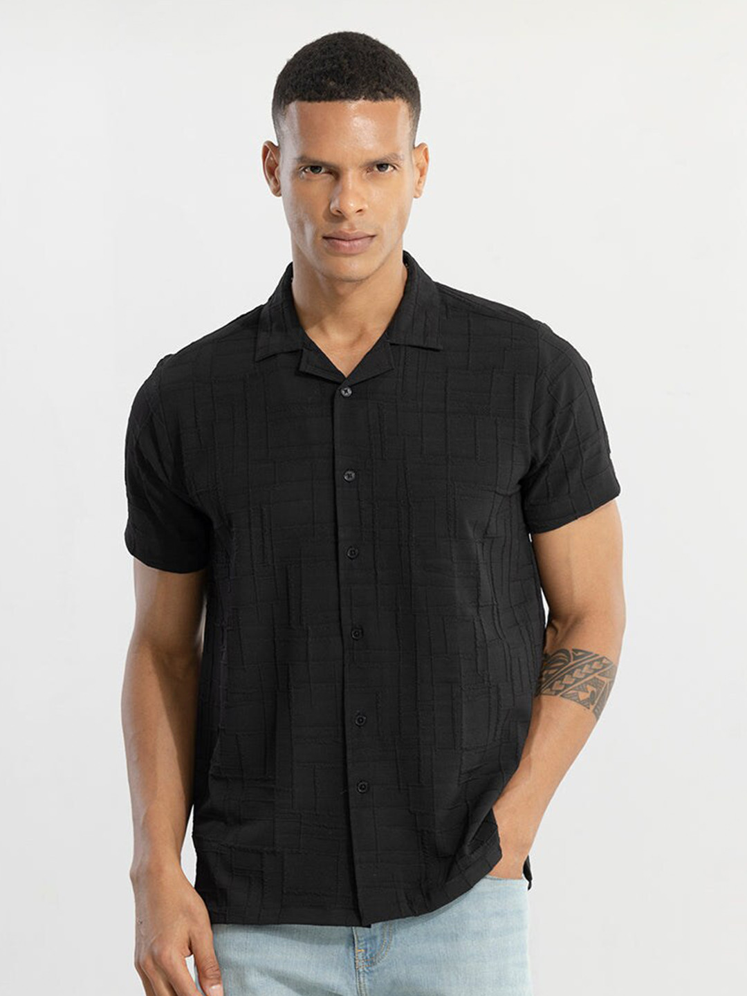 

Snitch Black Geometric Self Design Classic Casual Shirt