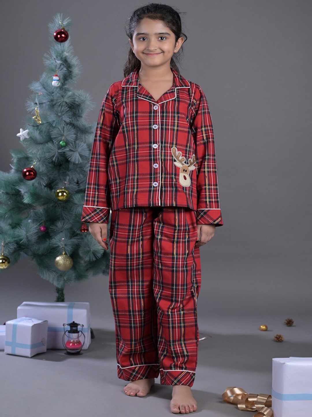 

Budding Bees Girls Checked Cotton Shirt With Pyjamas Night Suit, Red