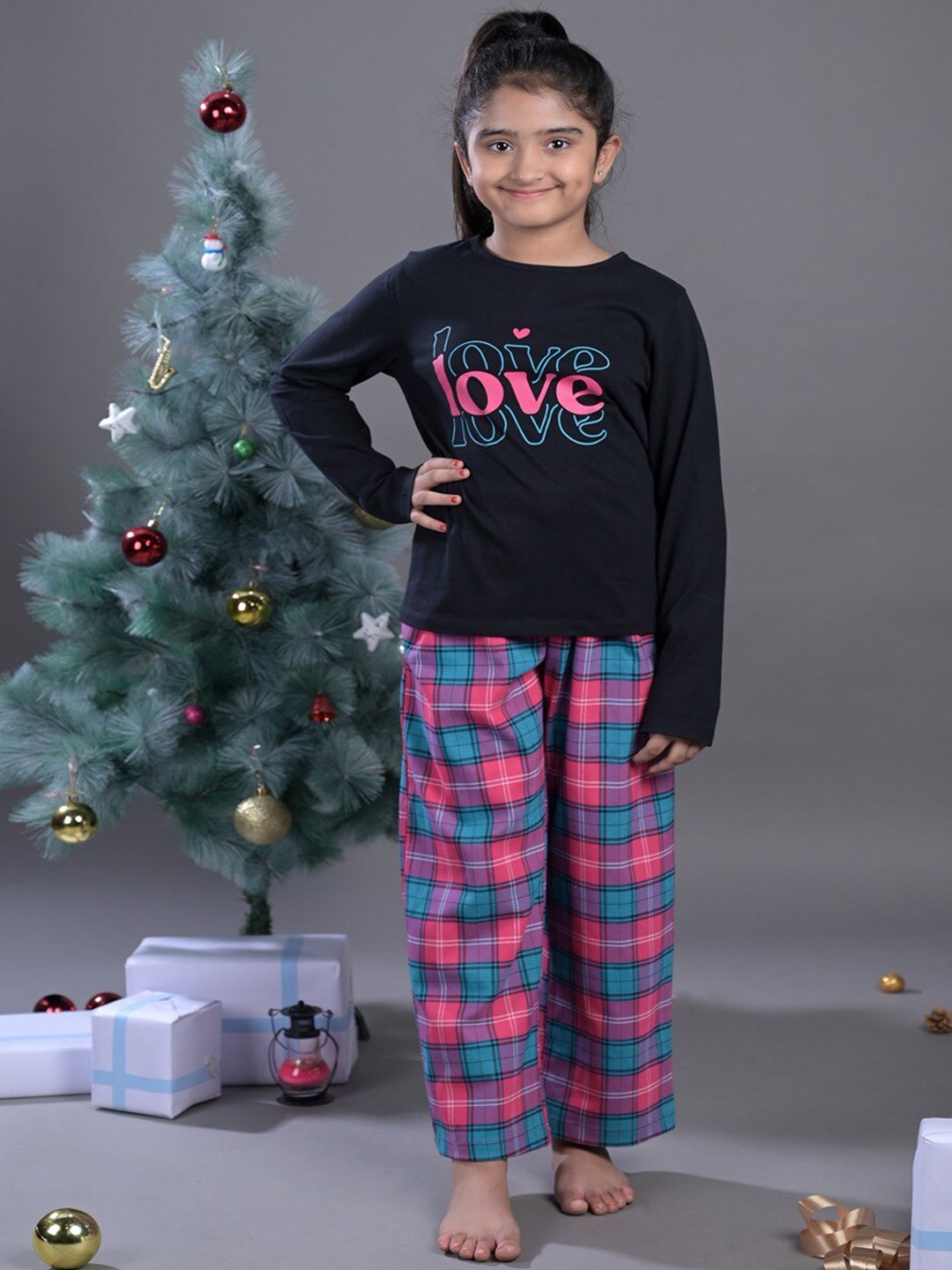 

Budding Bees Girls Printed Top With Pyjamas Night Suit, Black