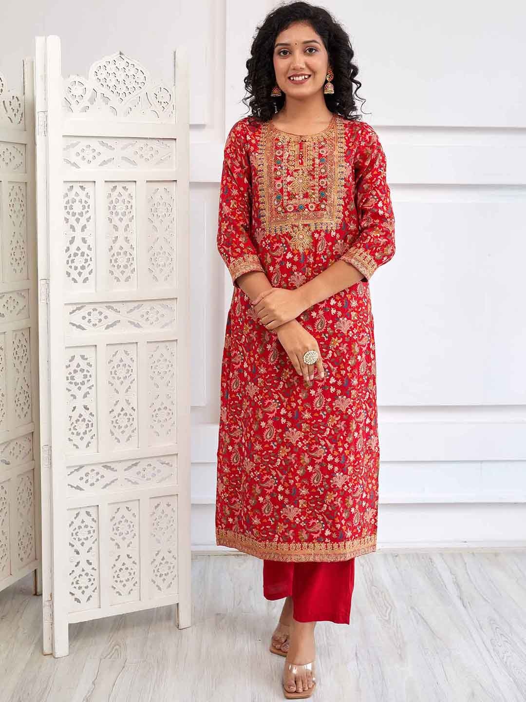 

Nehamta Floral Printed Thread Work Kurta & Trousers With Dupatta, Red