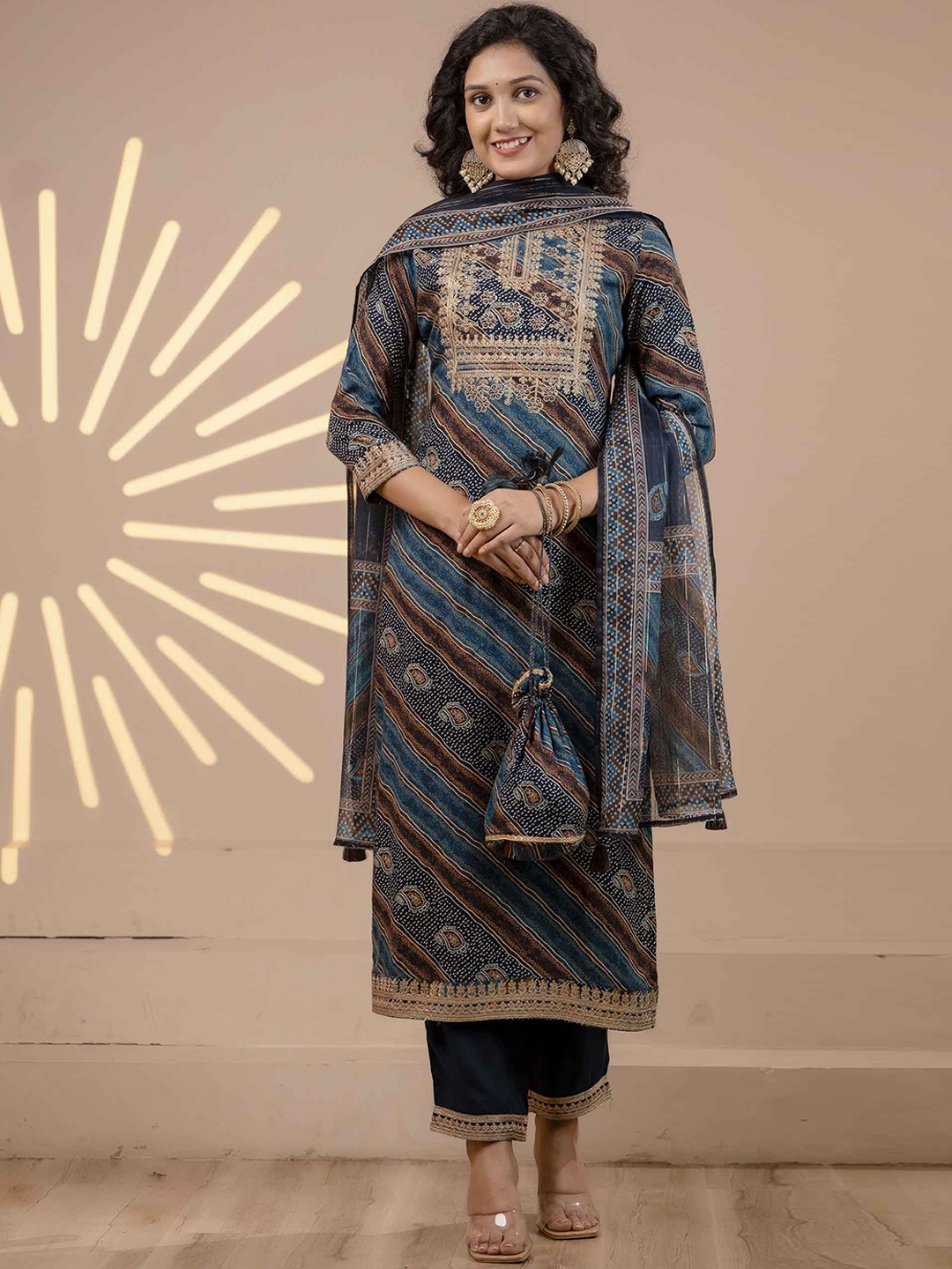 

Nehamta Bandhani Printed Thread Work Kurta & Trousers With Dupatta, Teal