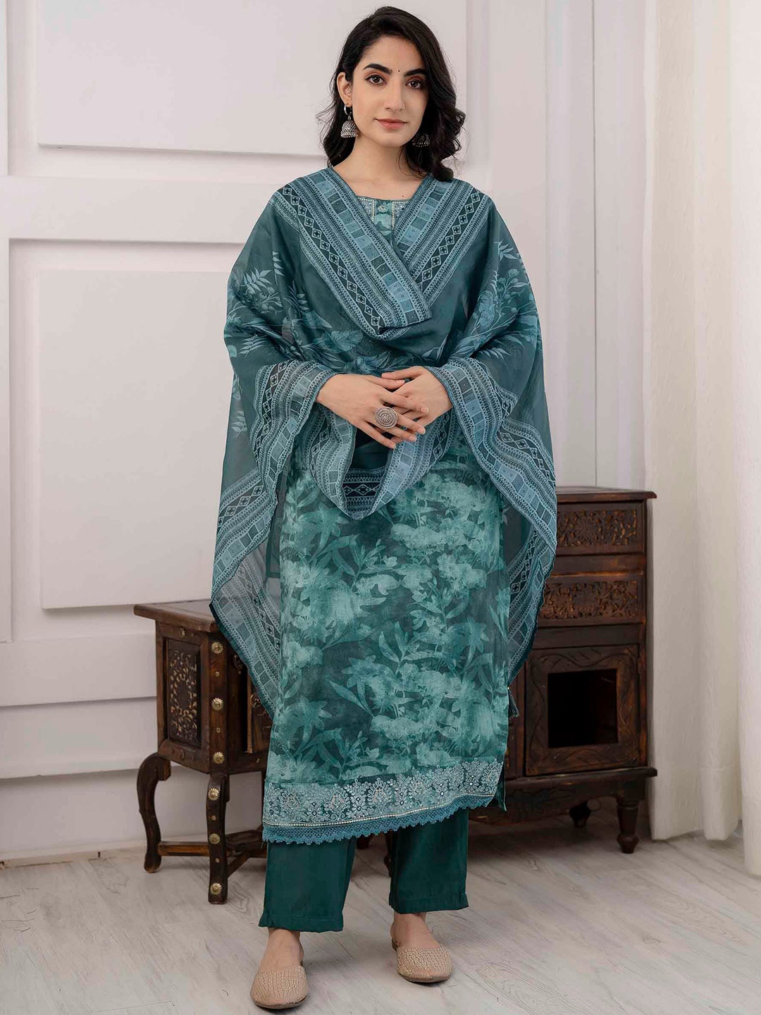 

Nehamta Floral Printed Mirror Work Kurta & Trousers With Dupatta, Green