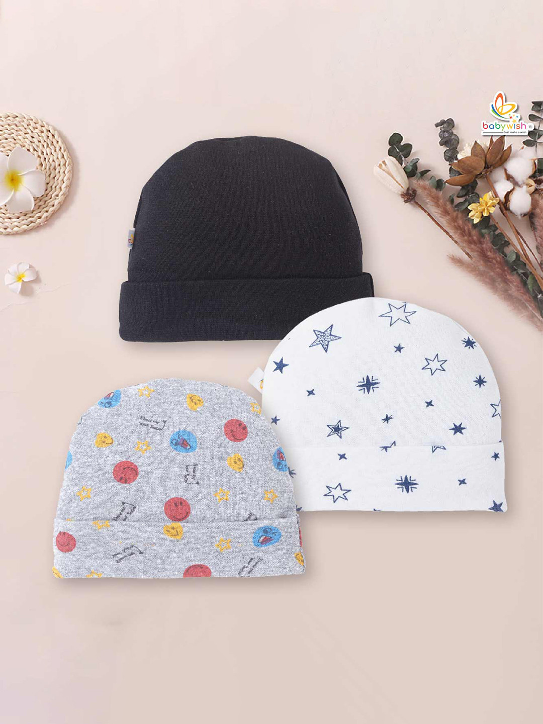 

Babywish Infant Kids Pack Of 3 Printed Cotton Beanie, White