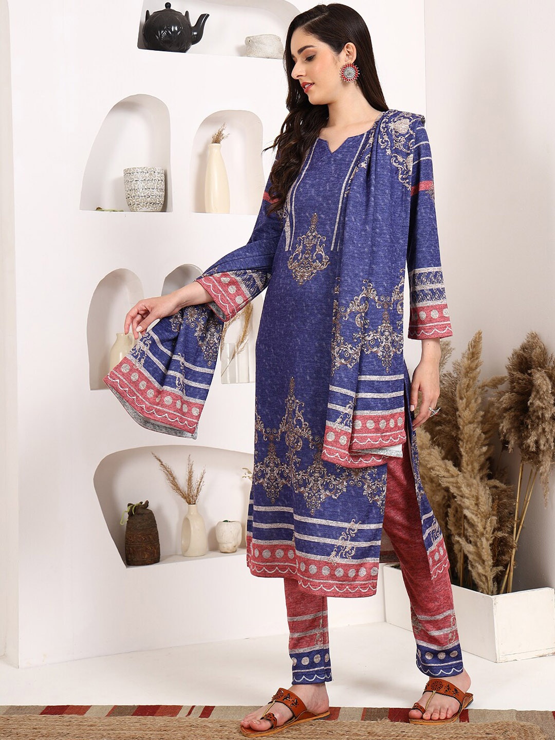 

KALINI Ethnic Motifs Printed Pure Wool Straight Kurta & Trouser With Dupatta, Blue