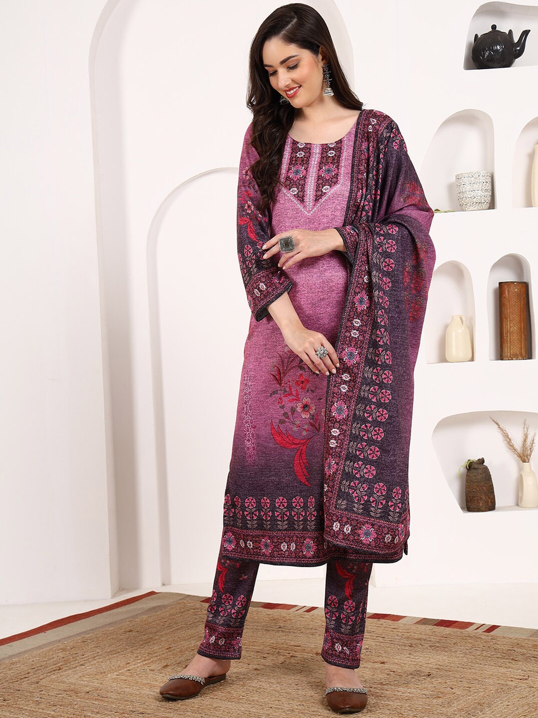 

KALINI Floral Printed Pure Wool Kurta With Trousers & Dupatta, Pink
