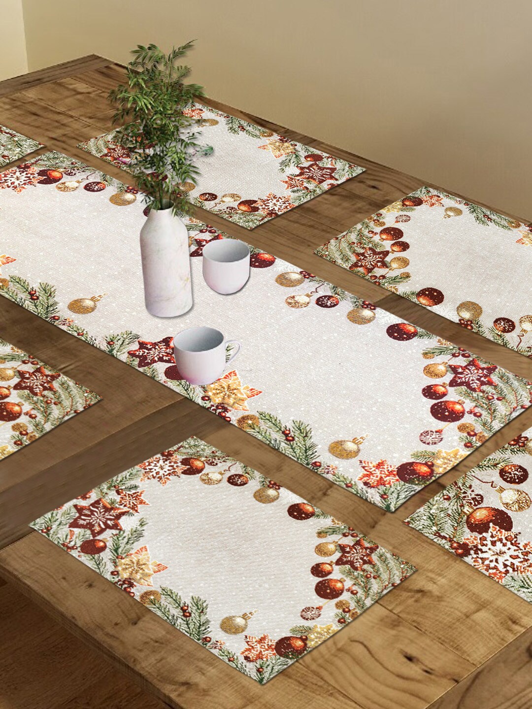 

AVI Living 7 Pcs White Christmas Ornaments Jacquard Woven Table Mat & Runners
