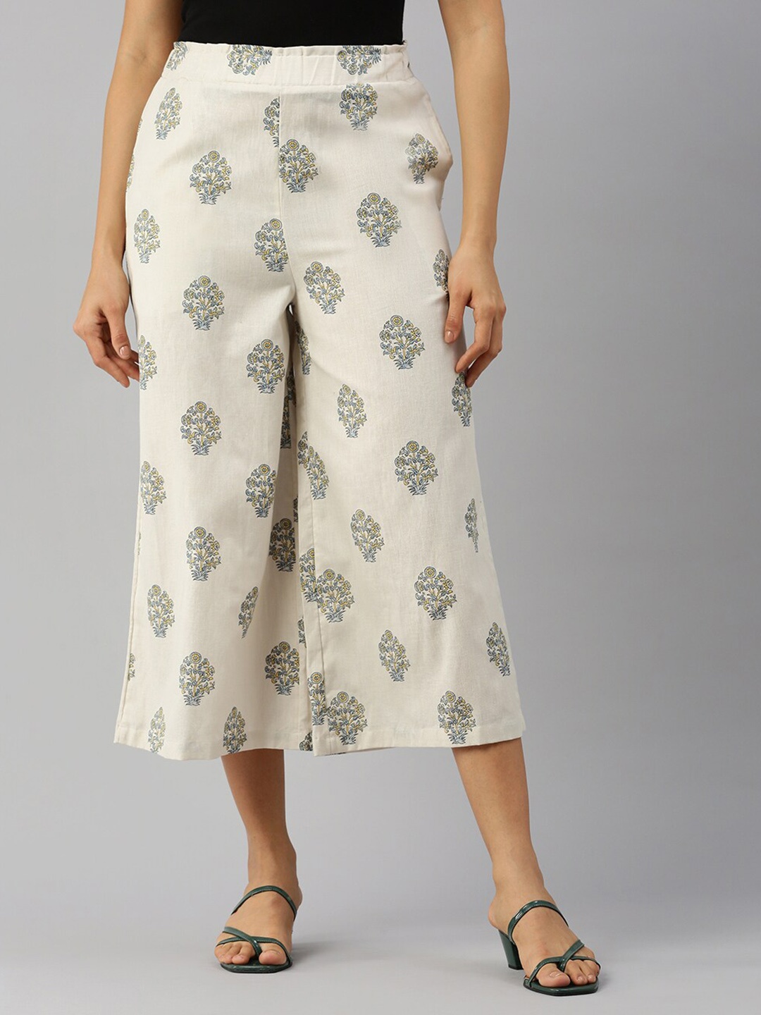 

De Moza Women Ethnic Motifs Printed Wide Leg Palazzos, Off white