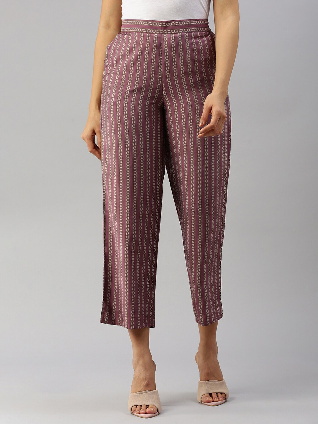 

De Moza Women Striped Cropped Cotton Palazzos, Maroon