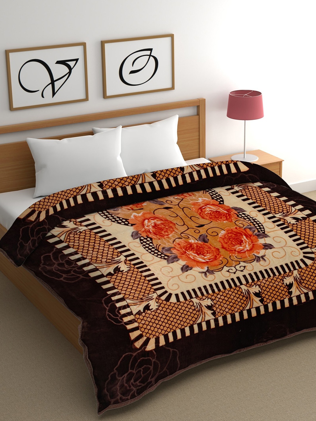 

CG HOMES Brown & Orange Floral Mink Heavy Winter 350 GSM Double Bed Blanket