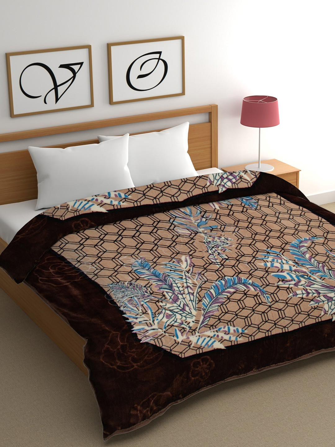 

CG HOMES Brown& Blue Mink Floral 350 GSM Double Bed Blanket