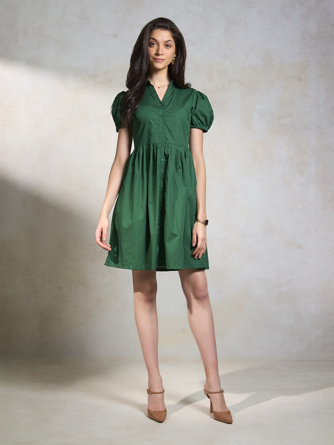 

Virgio Shirt Collar Puff Sleeves Cotton Fit & Flare Dress, Green