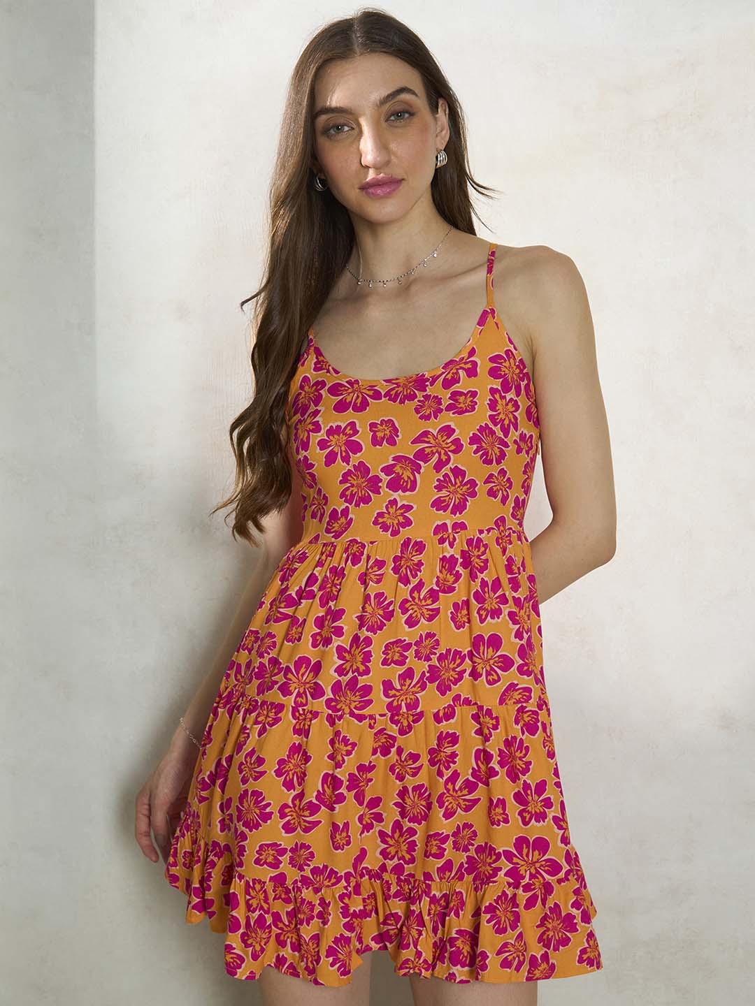 

Virgio Floral Printed Shoulder Straps Tiered Tie-Ups Fit & Flare Dress, Orange