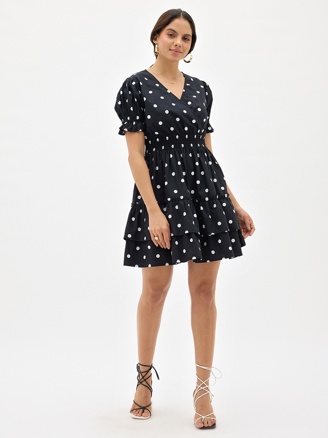 

Virgio Polka Dots Printed V-Neck Puff Sleeves Cotton Fit & Flare Dress, Black