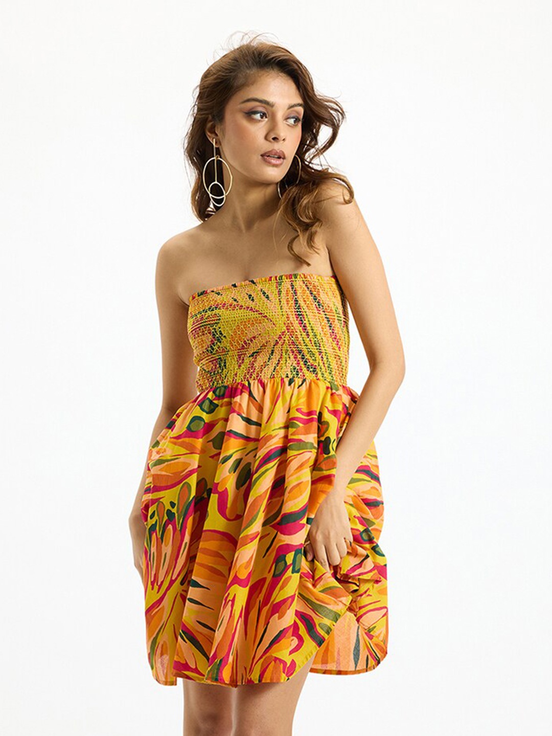 

Virgio Printed Strapless Smocked Fit & Flare Cotton Dress, Yellow