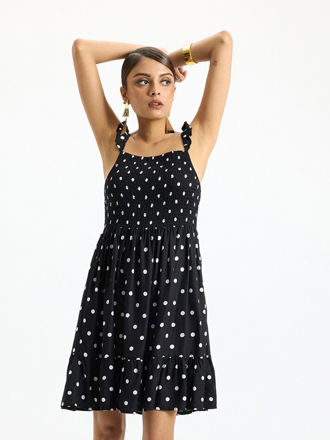 

Virgio Polka Dots Printed A-Line Dress, Black