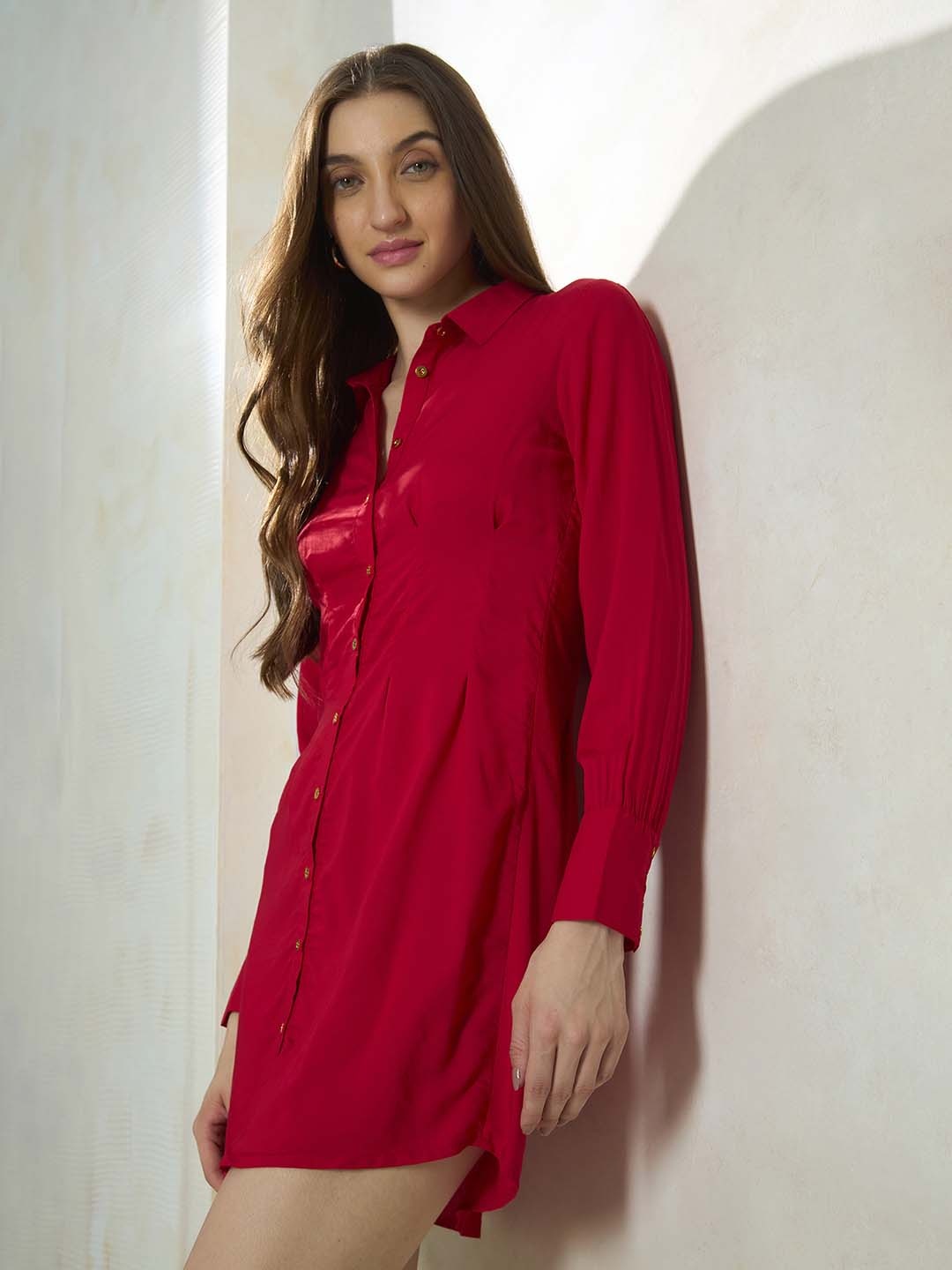 

Virgio Pleated Shirt Style Modal Dress, Red