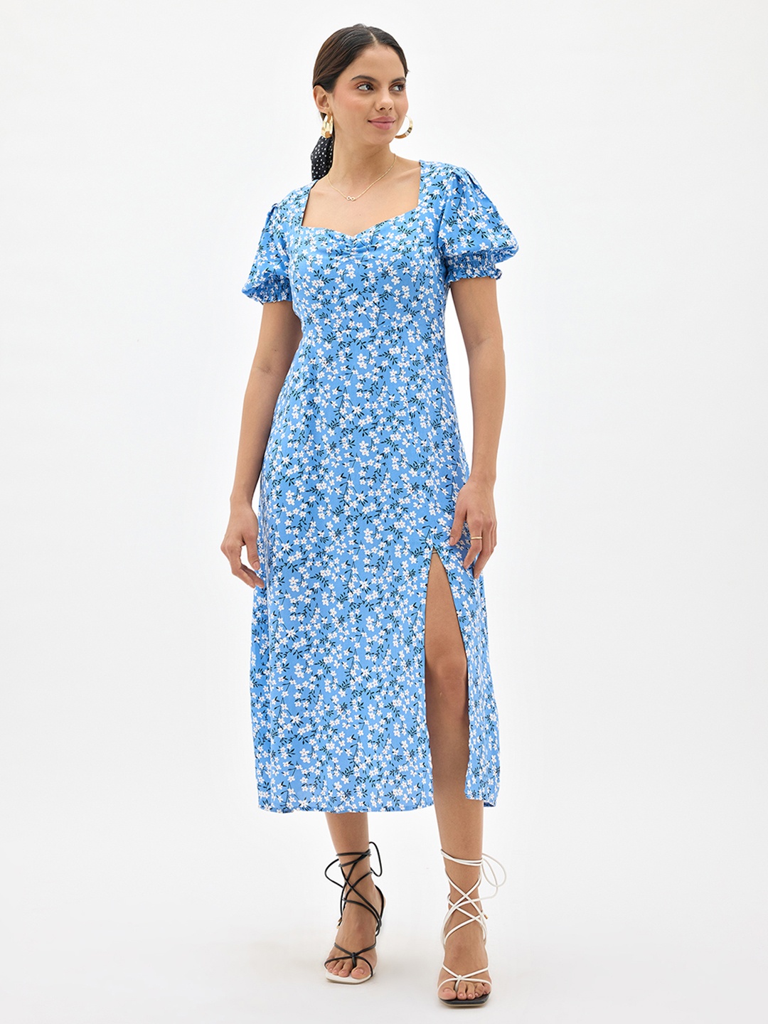 

Virgio Floral Printed Puff Sleeves Ruched A-Line Midi Dress, Blue