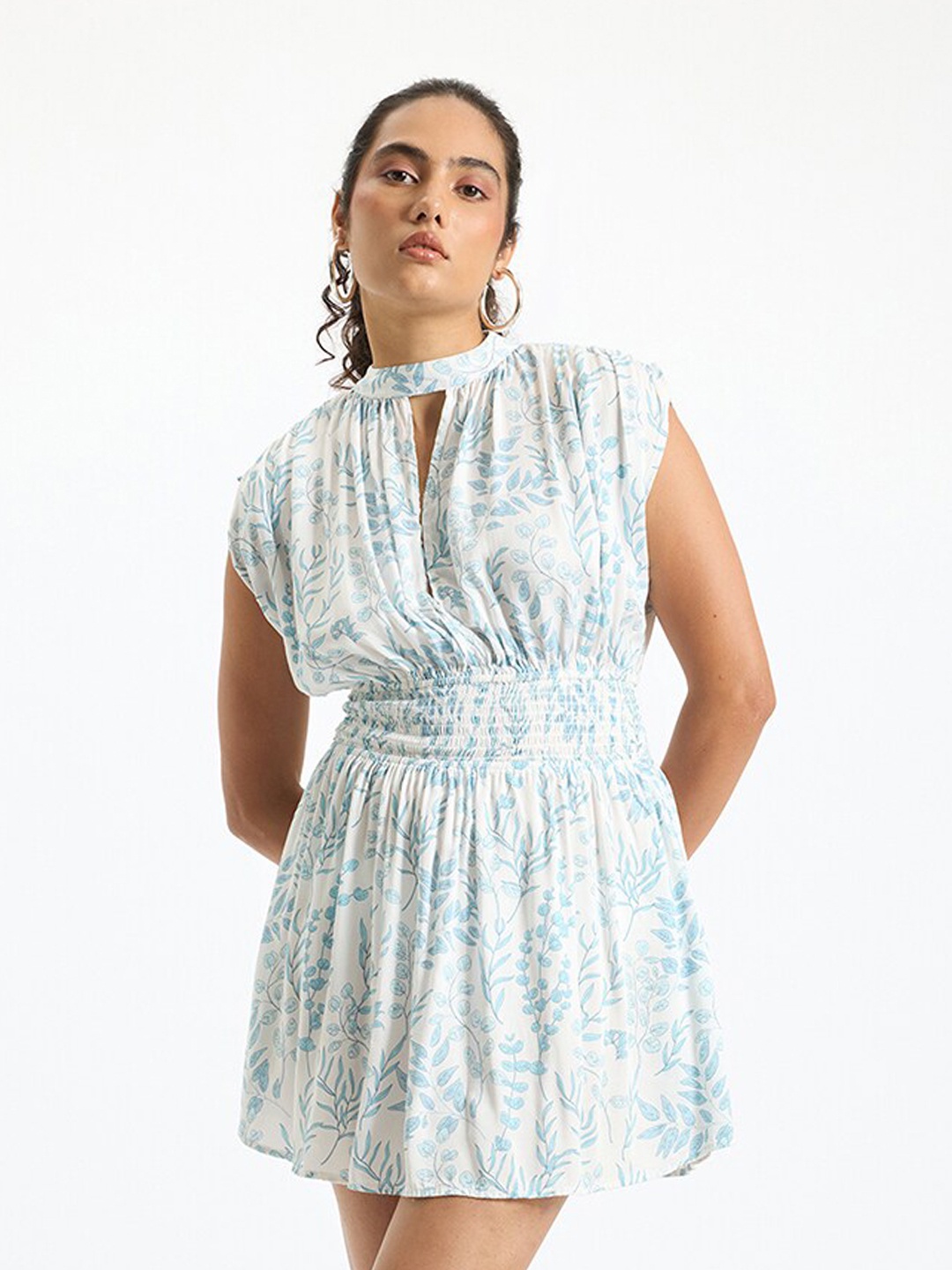 

Virgio Kiana Floral Printed Smocked Cut Out Detail Modal Mini A- Line Dress, White