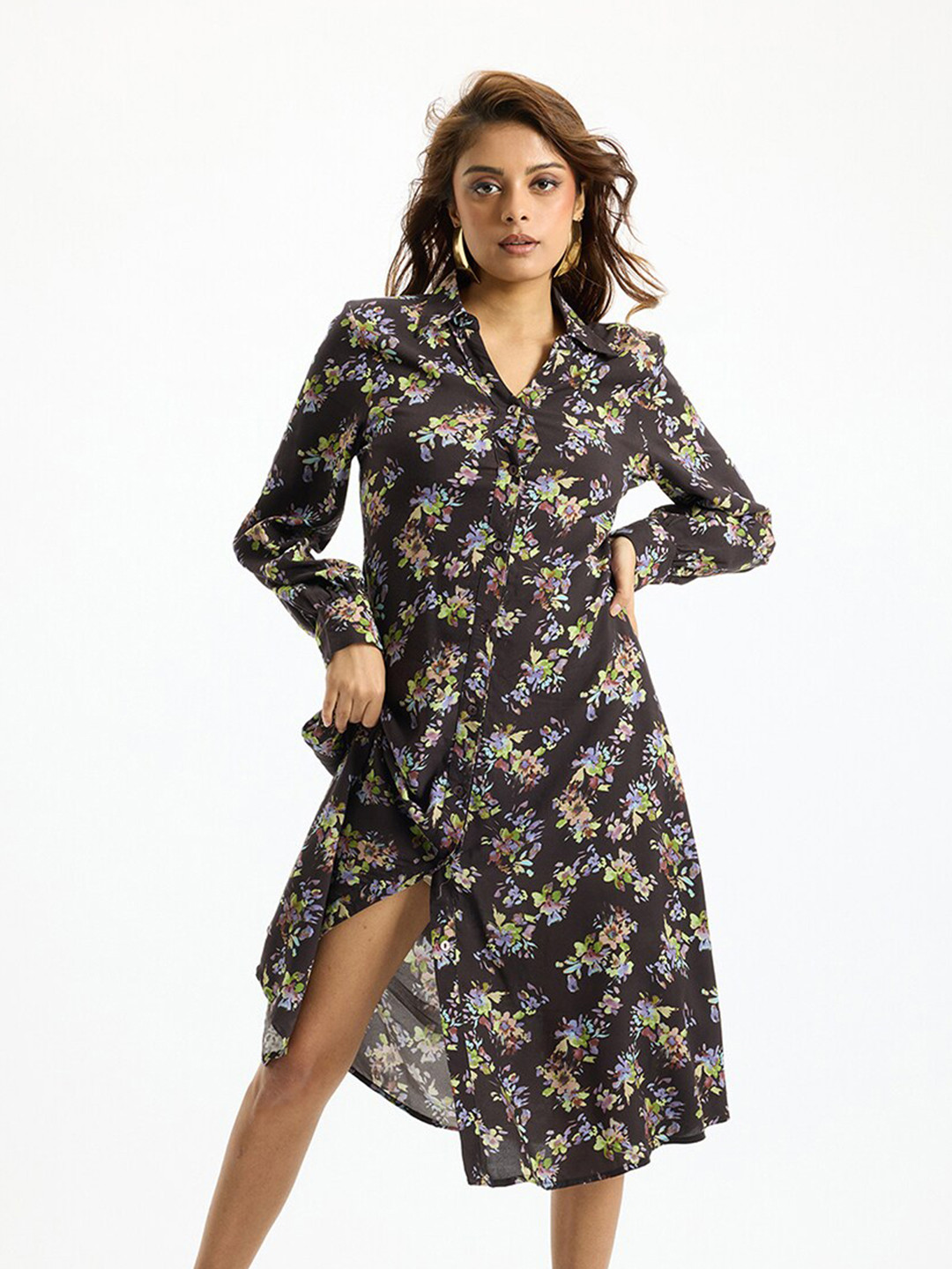 

Virgio Floral Printed Shirt Collar A-Line Midi Dress, Black
