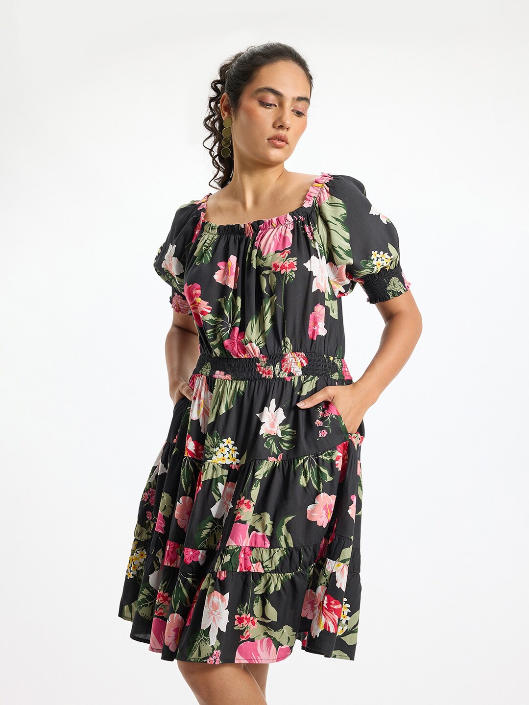 

Virgio Floral Printed Puff Sleeves Smocked Tiered Fit & Flare Dress, Black