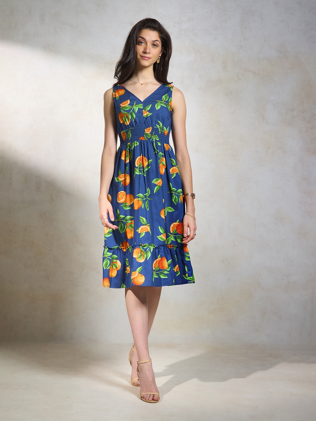 

Virgio Conversational Printed V-Neck Smocked Cotton Fit & Flare Dress, Blue