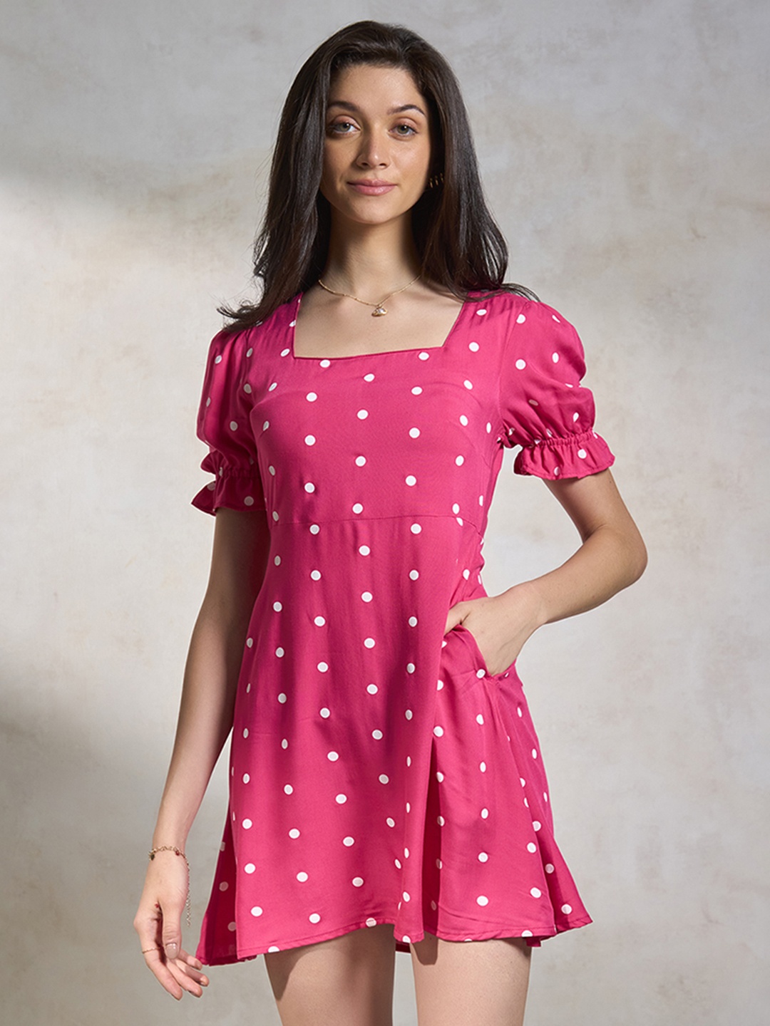 

Virgio Women Polka Dots Square Neck Mini Length Puff Sleeve Viscose Dress, Pink